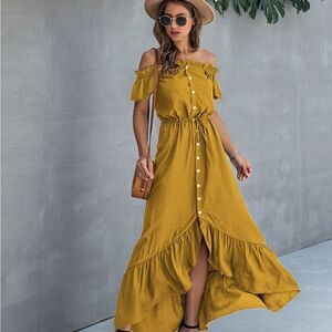 NWT KIRUNDO Summer Women’s Off Shoulder Maxi Dress Short Sleeves High Low Hem